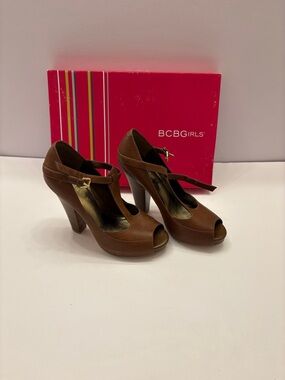 BCBGirls Brown Peep-Toe T-Strap Heels